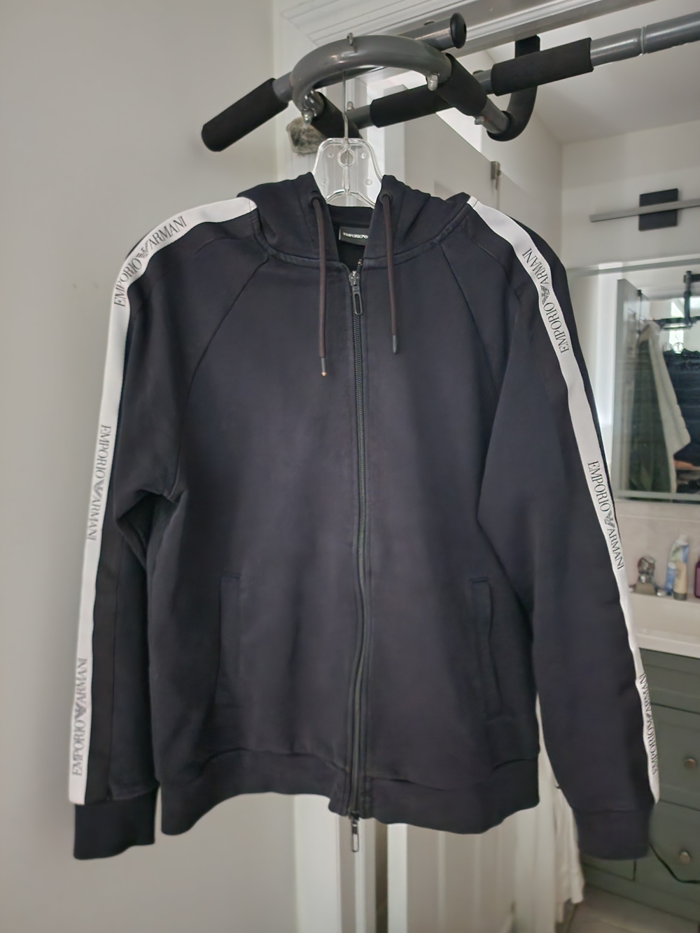 Emporio Armani Black Hooded Zip-Up Sweatshirt with White Shoulder Stripes. S-M
